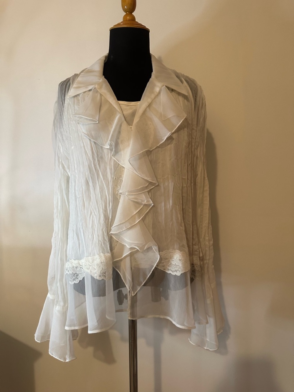 Sheer Ruffled White 2 Piece Blouse with Ruffle Trim
